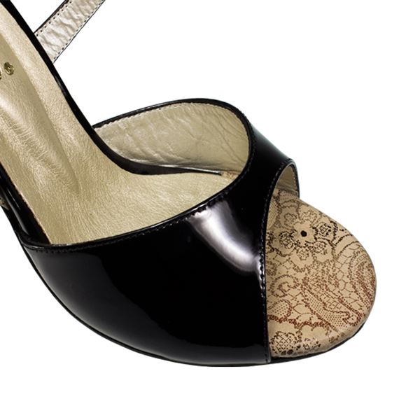 Vibranto Shoes Ref T281M C251D with black shinny leather and skin leather with gold pattern including the heels.