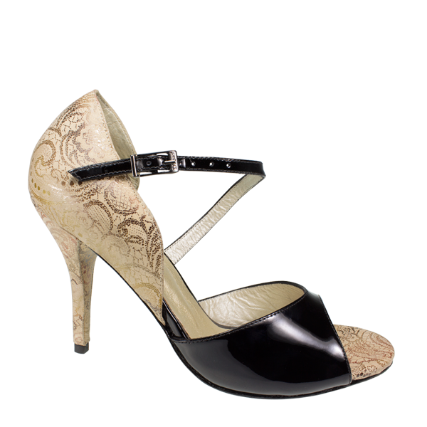 Vibranto Shoes Ref T281M C251D with black shinny leather and skin leather with gold pattern including the heels.