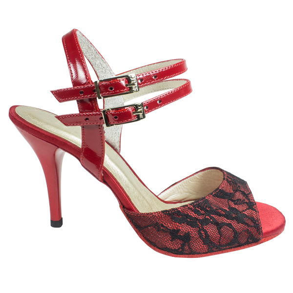 Ref 296 red patent leather and black lace on red satin.