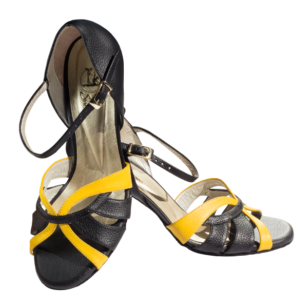 Ref T287D C1207 in black leather and yellow leather stripe
