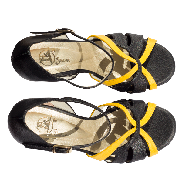 Ref T287D C1207 in black leather and yellow leather stripe