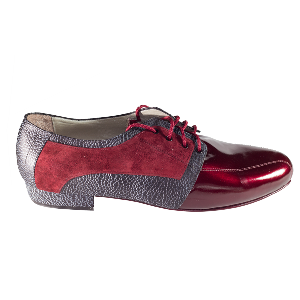 Ref 336 maroon patent leather, suede and black cobweb leather.
