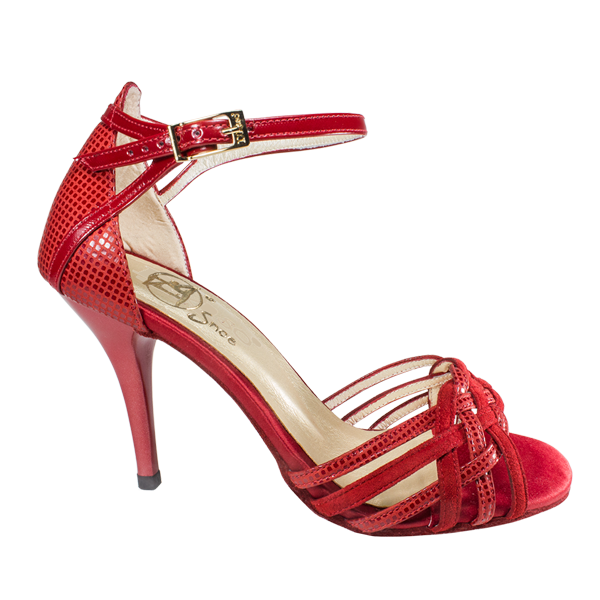 Ref T258 C239 Vibranto women shoes in red folia leather with vamp in thread-locks with red suede leather