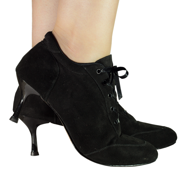 Vibranto women Shoes Ref 268 in black suede leather with black heels and shoes laces in ribbons