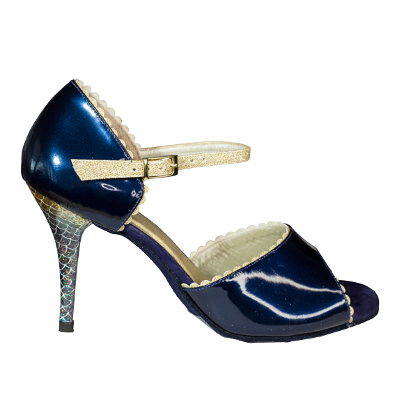 Ref 1214 Women Shoes Special Edition hand-painted heels on wet shine blue patent leather and gold beehive lame - Vibranto Shoes Australia