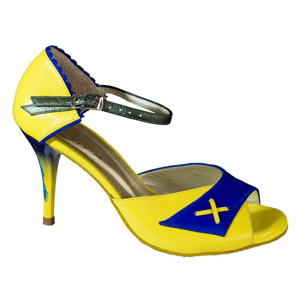 Ref 1217 Women Shoes Special Edition hand-painted heels with Brasilian parrots and yellow leather with king blue suede - Vibranto Shoes Australia
